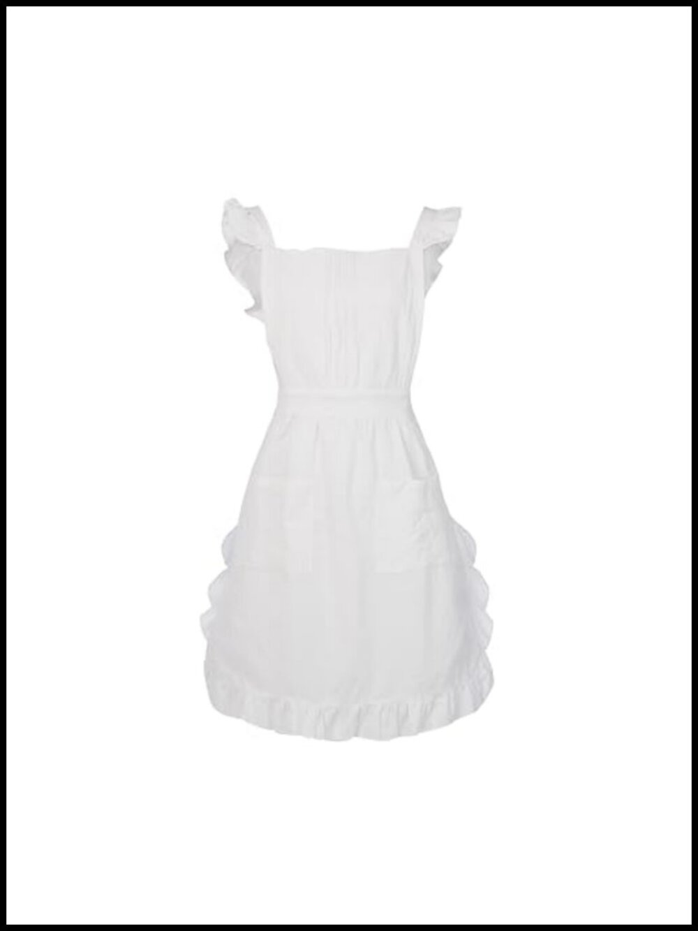 Cotton Waist Apron with Pockets Pleated Trim Long Kitchen Waitress Apron